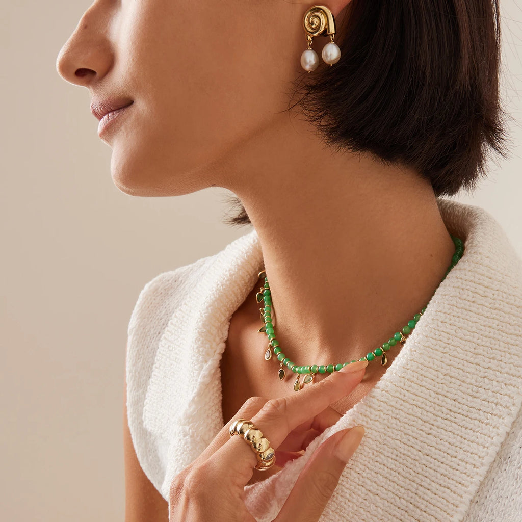 Personalisierte 18K Edelstahl Spiralförmige Gestreifte Conch Glas Perlen Hängende Ohrringe Damen Anti-Allergisch Eleganter Trendiger Schmuck