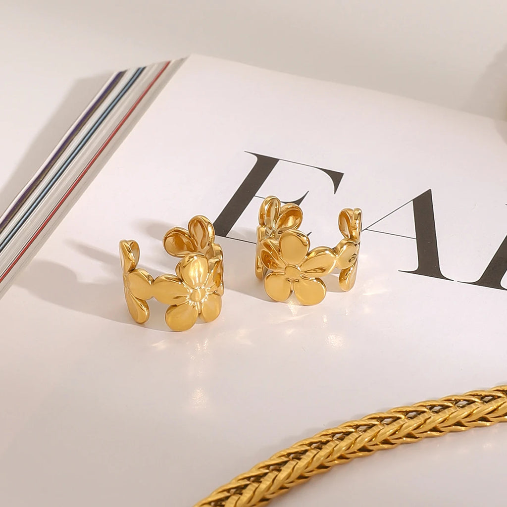 Creative 18K Goud Vergulde Roestvrijstalen Geometrische Paar Bloem Oorclip Dames Anti Allergische Sieraden Gala Geschenk