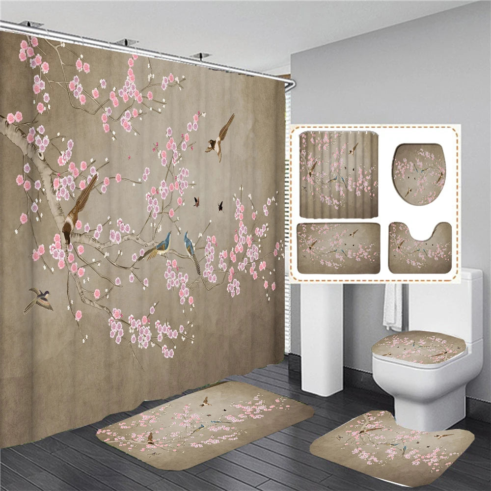 Chinese style Flowers and Birds Waterproof Shower Curtain Set Toilet Seat Cover Bath Non-Slip Mat Rug Carpet Bathroom Decor
