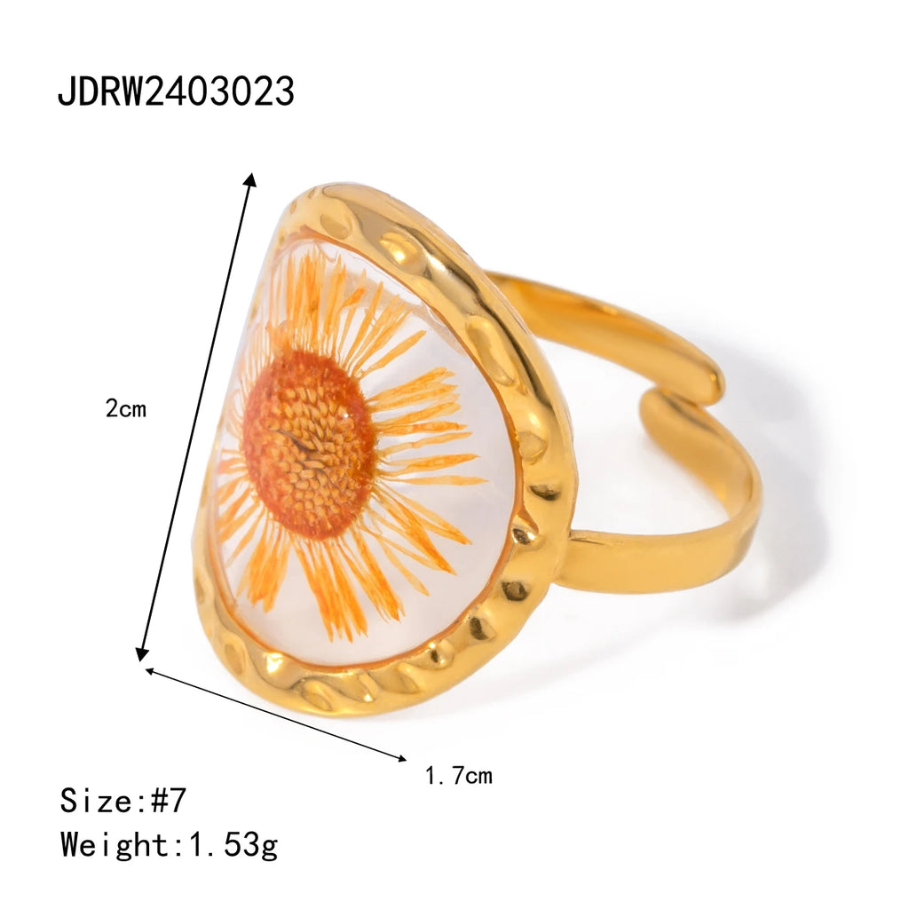 Light Cozy 18k Gold Plated Minimalist Polygonal Dry Flower Opening Ring Women Personalized Stainless Steel Statement Jewelry