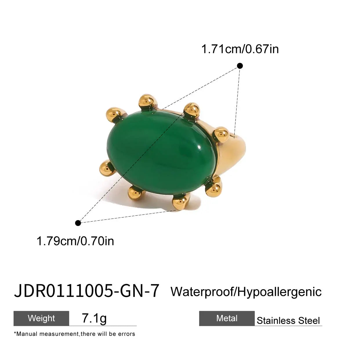 Bague exquise en acier inoxydable plaqué or 18 carats vintage exagérée avec agate verte incrustée taille 7 pour femmes charme tendance chic bijoux