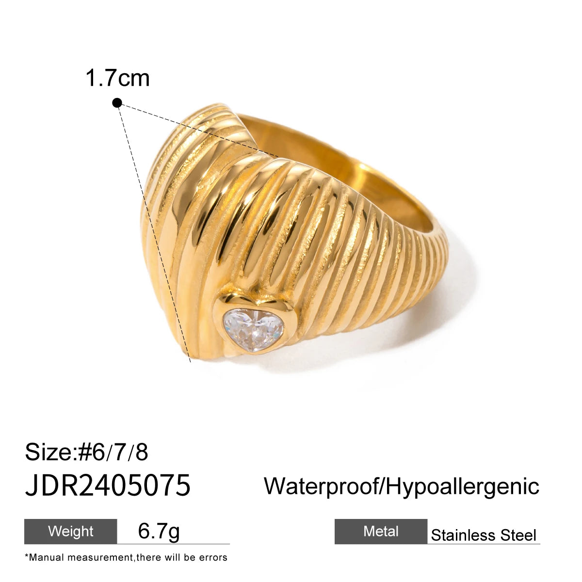 18K PVD Plated Fashion White Love Heart Thread Zirconia Ring Stainless Steel Women Prevent Allergy Attractive Daily Jewelry