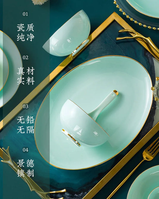 Jingdezhen let luksus benporcelæn Håndmalet guldkantskål tallerkenkombination, Celadon servicesæt til husholdningsbrug