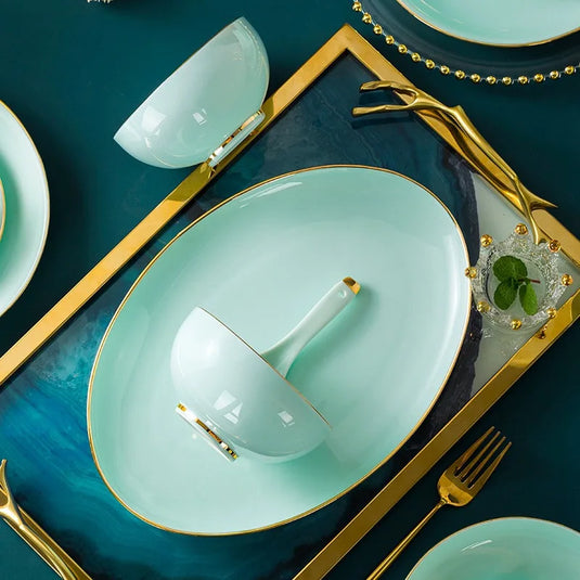 Jingdezhen Light Luxury Bone Porcelain Hand-painted Gold Border Bowl Plate Combination, Celadon Tableware Set for Household Use