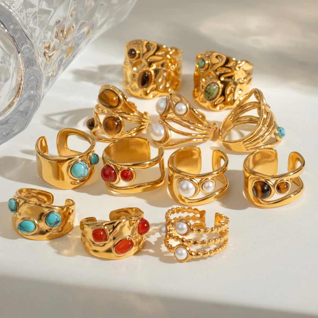 Креативное кольцо из нержавеющей стали с геометрическим круглым гладким отверстием, инкрустация агатом, позолоченное 18К, женское, антиаллергенное, модное украшение