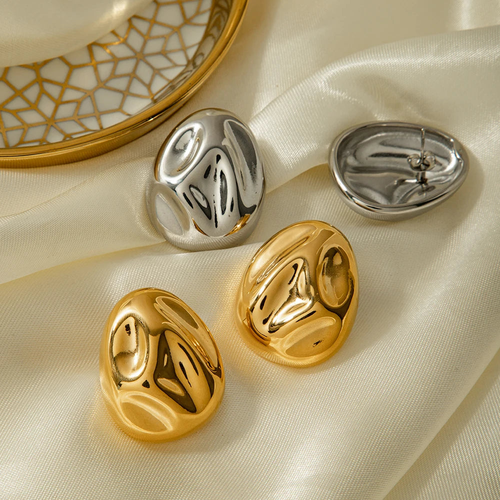 18K Gold Plated Stainless Steel Minimalist Lava Texture Concave Design Earrings Tarnish-proof Light Luxury Women Ear Jewelry - Grand Goldman