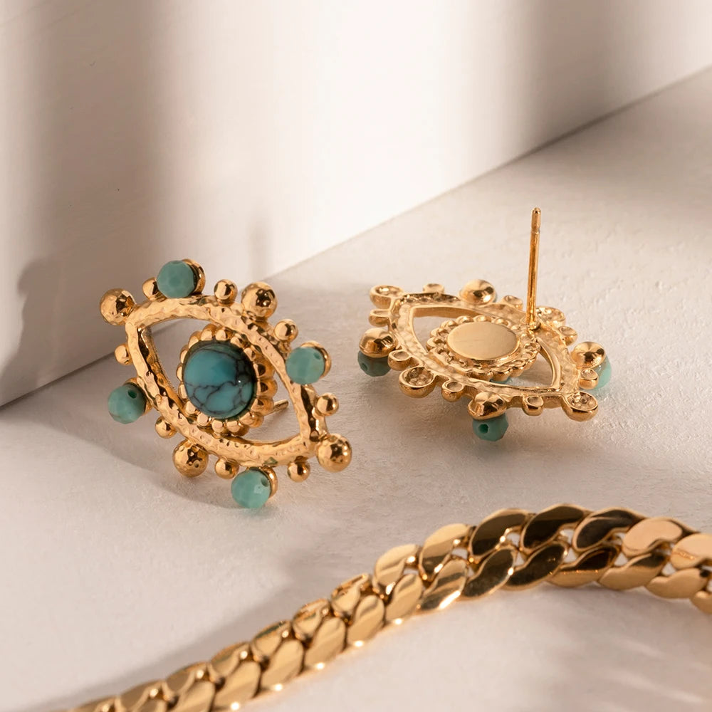 Roestvrij Staal Waterdicht Licht Luxe 18K Goud Vergulde Duivels Oog Oorknopjes Ingelegd Natuurlijke Steen Voor Dames Oor Sieraden