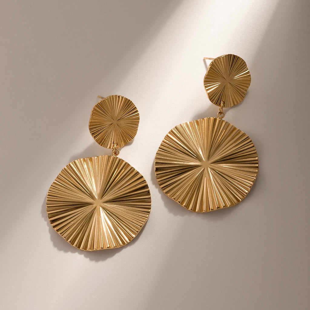 18K Gold Plated Plicated Stainless Steel Round Pendant Exaggerated Earrings for Women Ear Stud Exaggerated Ear Jewelry
