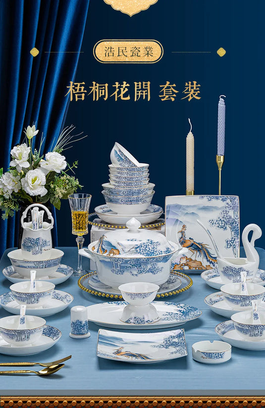 Ensemble complet de bols, plats et assiettes en céramique de Jingdezhen, ensemble de vaisselle en porcelaine bleue et blanche