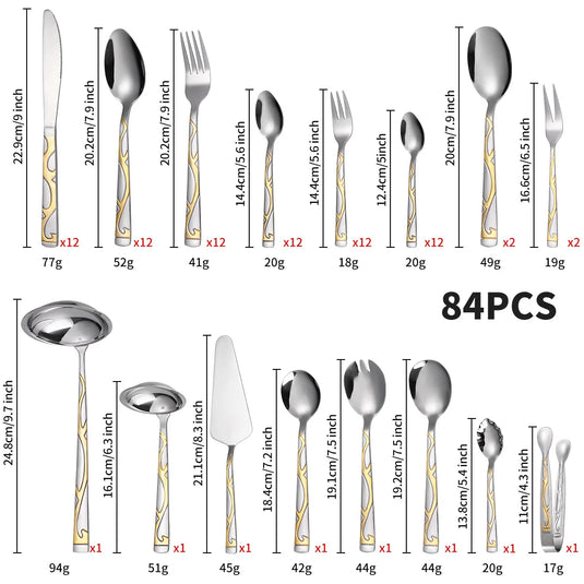 Servicesæt med 72 dele, forgyldt rustfri stålkniv, gaffel, ske, gaveæske, trææske