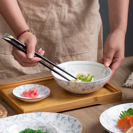 Jingdezhen keramisk service, fadesæt, japansk husholdningsrisskål, underglasurfarvet service