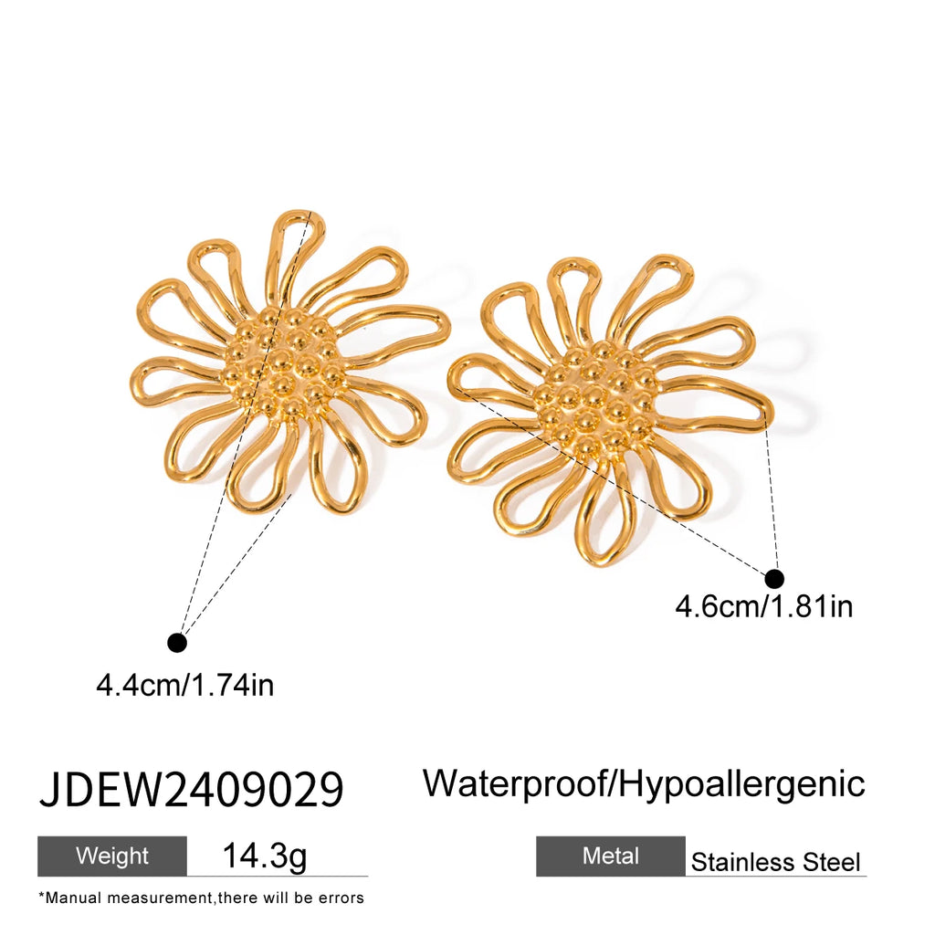 18K Gold Plated Exquisite Hammer Grain Hollowed Out Flower Earrings Open Ring Women Stainless Steel Minimalist Charm Jewelry