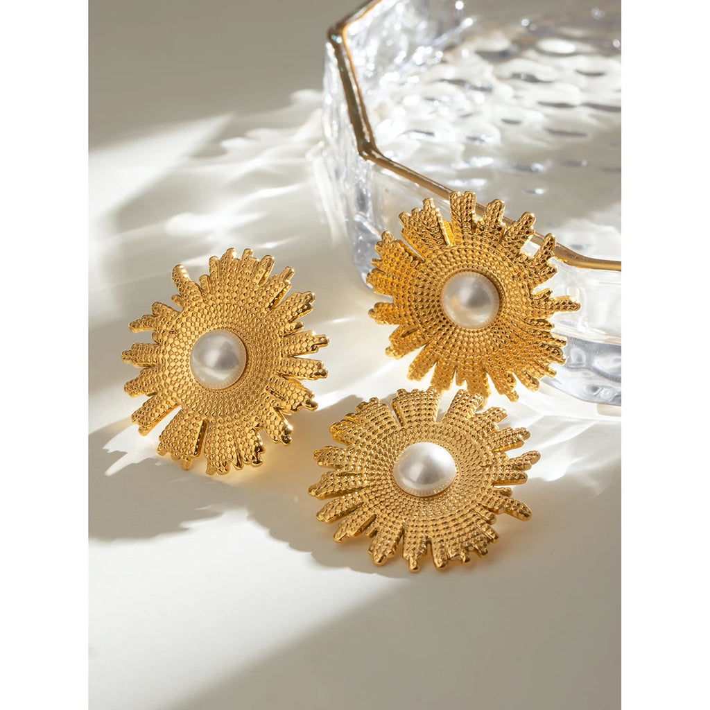 Minimalistisk 18K rustfrit stål Imitation Shell Bead Hammer Grain Texture Blomsterøreringe Ring Damer Rustfast Trendy smykker