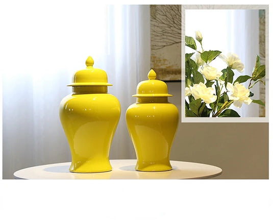 Yellow Ceramic General Jar Chinese Decorative Ginger Jar Vase Flower Arrangement with Lid Storage Tank Home Decoration