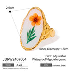 Literarischer Retro Weißer Tropfen Öl Grün Getrocknete Blume Offener Ring 18K Goldbeschichteter Schmuck Edelstahl Damen Wasserdichtes Geschenk