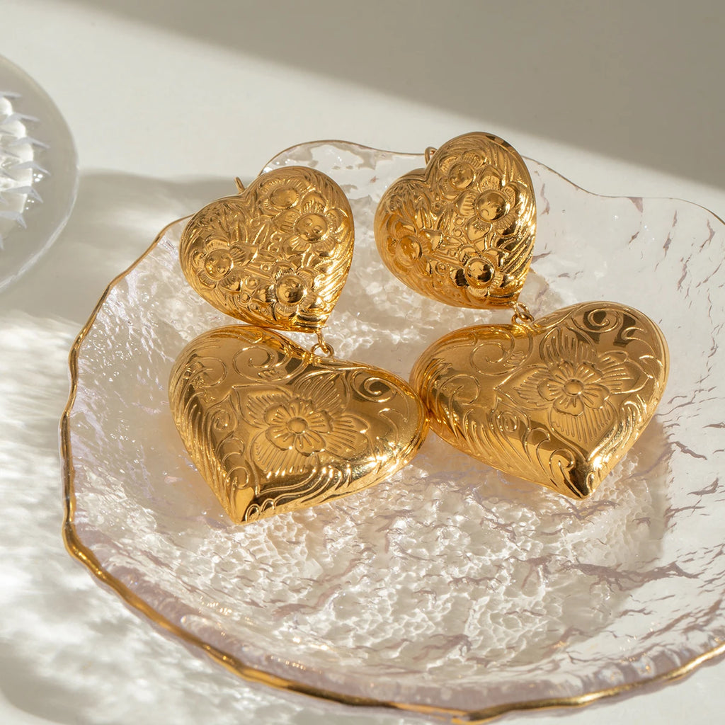 18K Gold Plated Stainless Steel Vintage Love Heart Texture Wave Earhook Earrings Women Romantic Charms Metal Daily Jewelry