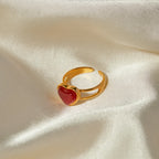 Waterproof 18k Gold Plated Stainless Steel Love Heart Opening Ring Inlay Red Agate Stylish Anti Allergic Distinctive Jewelry