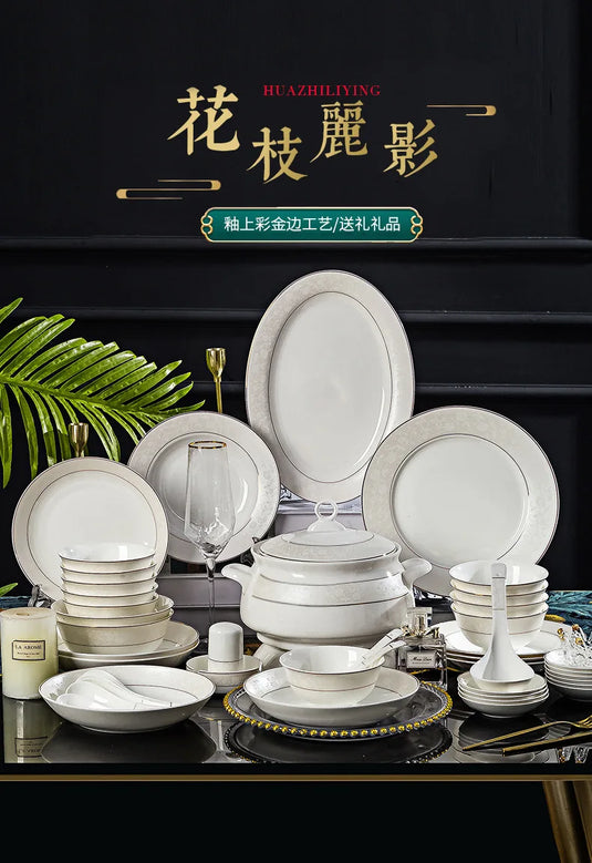 Jingdezhen Bone Porcelain Tableware, Dish Set, Household Bowls, Chopsticks, and Dishes