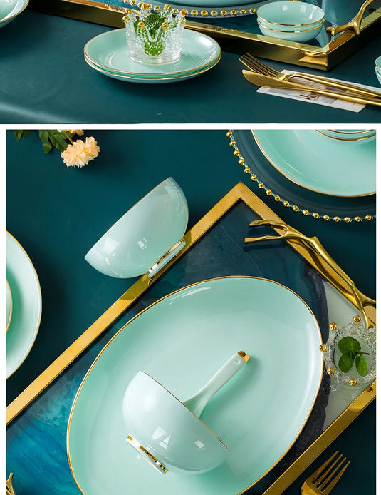 Jingdezhen Light Luxury Bone Porcelain Hand-painted Gold Border Bowl Plate Combination, Celadon Tableware Set for Household Use