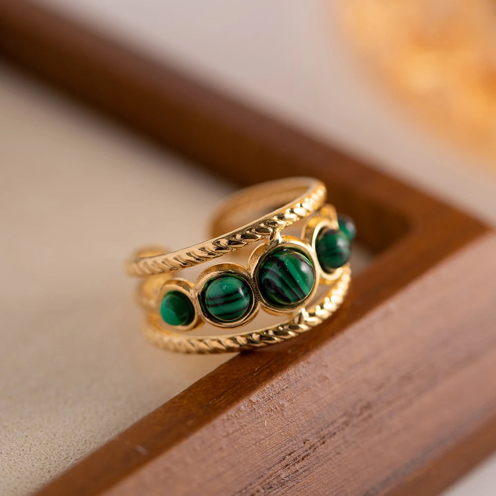 Water Proof PVD Gold Plated Stainless Steel Natural Malachite Stone Hollow Adjustable Rings Waterproof anillo acero inoxidable