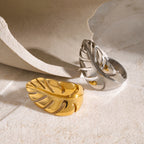 Stylish 18K PVD Plated Stainless Steel Smooth Leaf Feather Open Ring Metal Rust Proof High Quality Statement Jewelry Bijoux