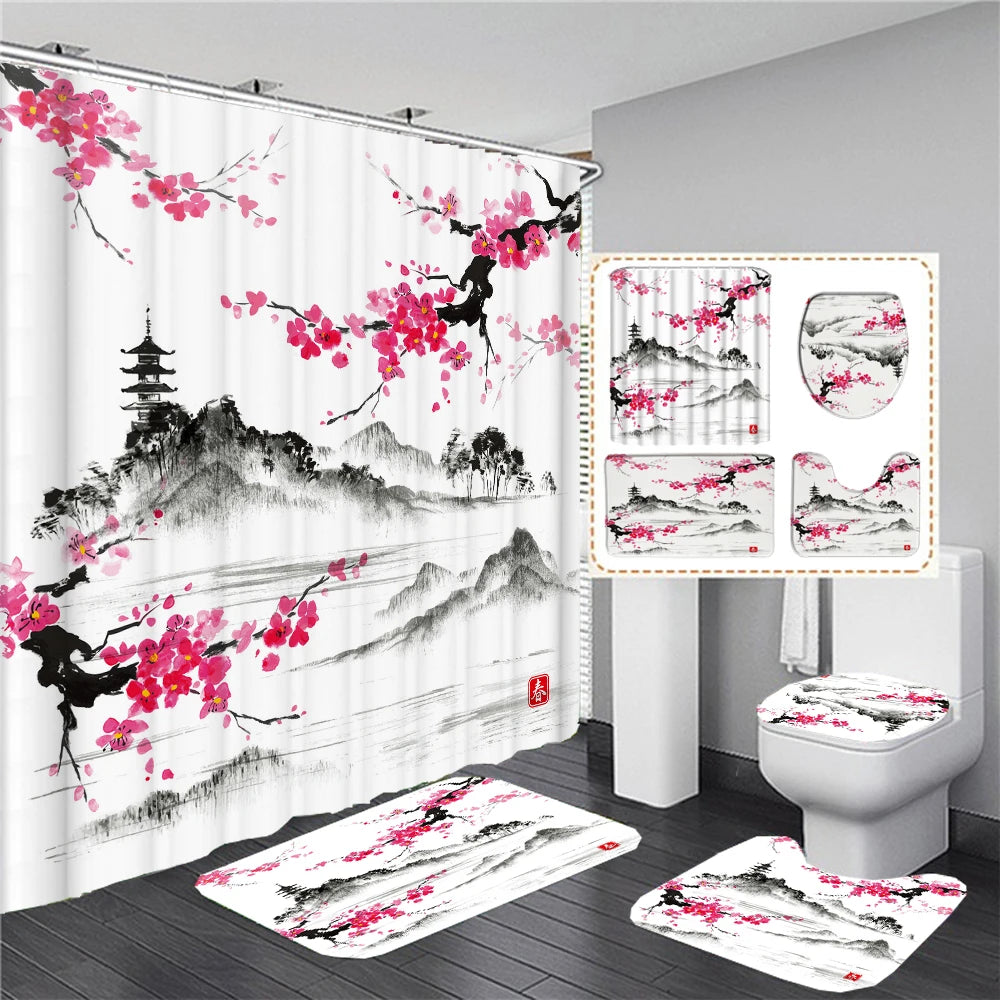 Chinese style Flowers and Birds Waterproof Shower Curtain Set Toilet Seat Cover Bath Non-Slip Mat Rug Carpet Bathroom Decor