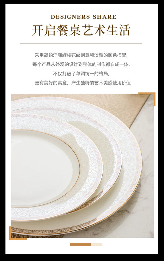 Vaisselle en porcelaine à 56 têtes avec bordure dorée simple de style européen Jingdezhen, combinaison de bol et d'assiette en céramique