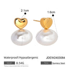 Stainless Steel 18k Gold Plated Vintage Irregular Love Heart Hanging Oval Pearl Earring Waterproof Fashion Charm Jewelry Party