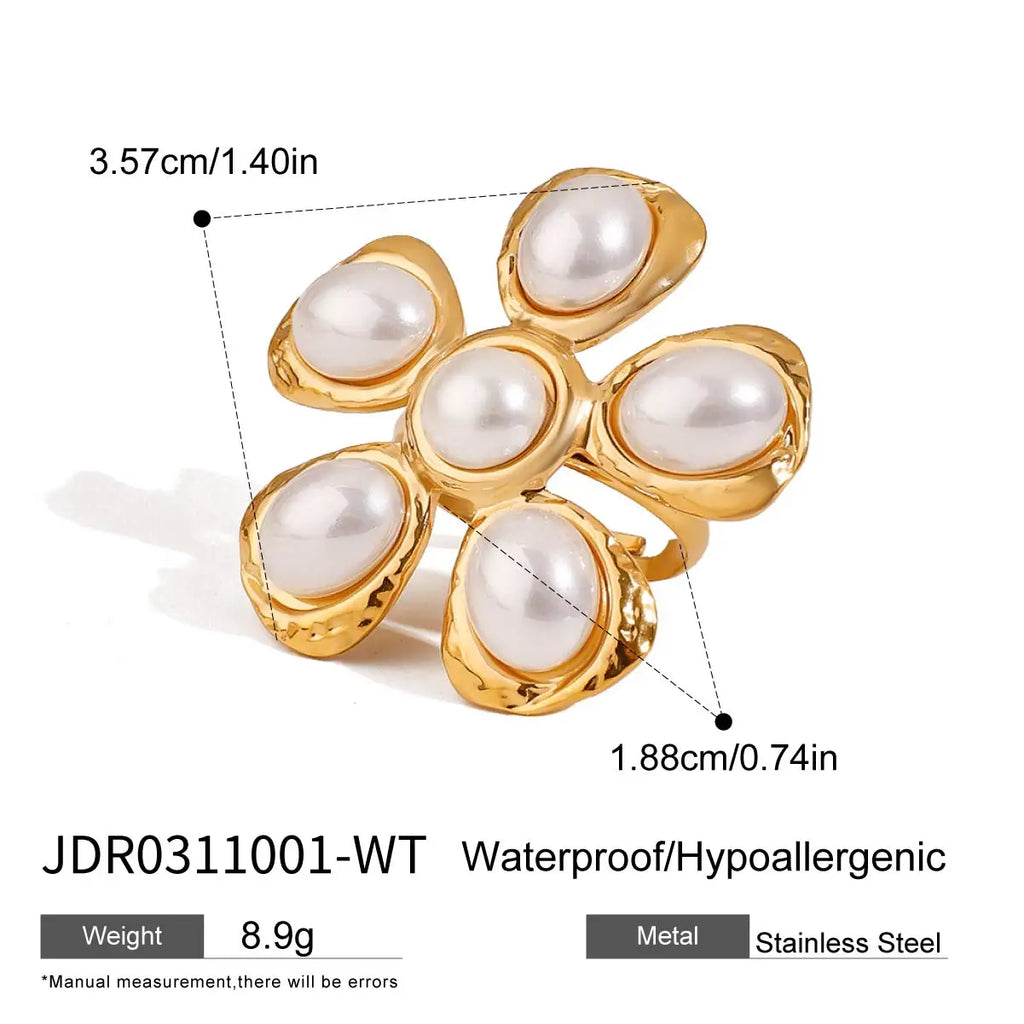 Minimalistische 18k vergoldete Edelstahl Imitationsperlen Hammerstruktur Blumenring Ohrringe Damen Anti-Allergie Charmschmuck