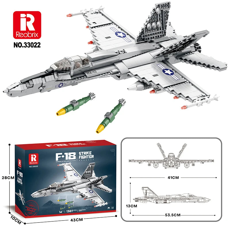 F-18 Strike Hornet Fighter Building Blocks Set, Jet Fighter Construction Kit, Military Toy Gift for Adults, Teens 14+, 1387 Pcs