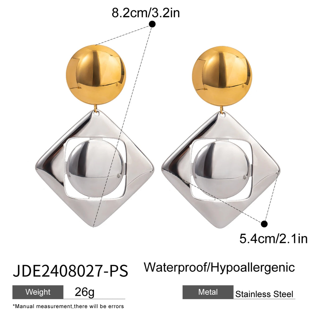 Brincos de Pingente Quadrado Oco de Cor Correspondente Lisa em Aço Inoxidável 18K para Mulheres, À Prova de Ferrugem, Joias da Moda, Bijuterias para Gala, Presente