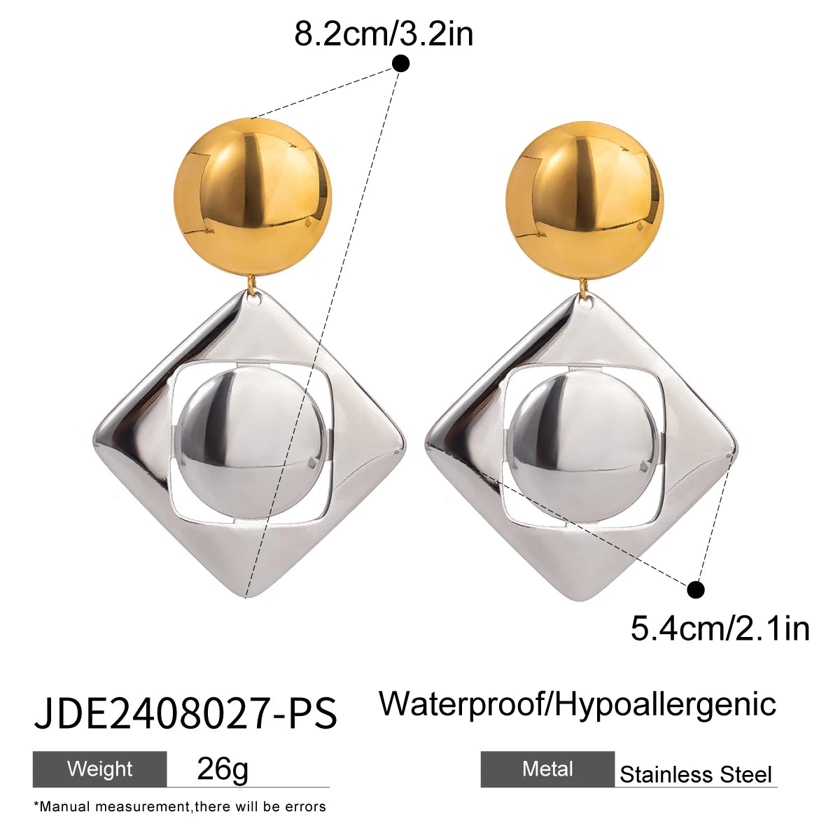 Brincos de Pingente Quadrado Oco de Cor Correspondente Lisa em Aço Inoxidável 18K para Mulheres, À Prova de Ferrugem, Joias da Moda, Bijuterias para Gala, Presente