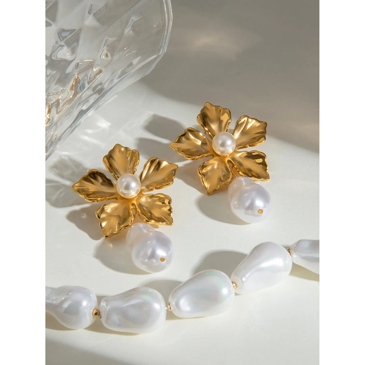 Minimalistische Edelstahl 18K Vintage Wassertropfenförmige schillernde Perlen Halskette Ohrringe rostfreie attraktive schicke Schmuck