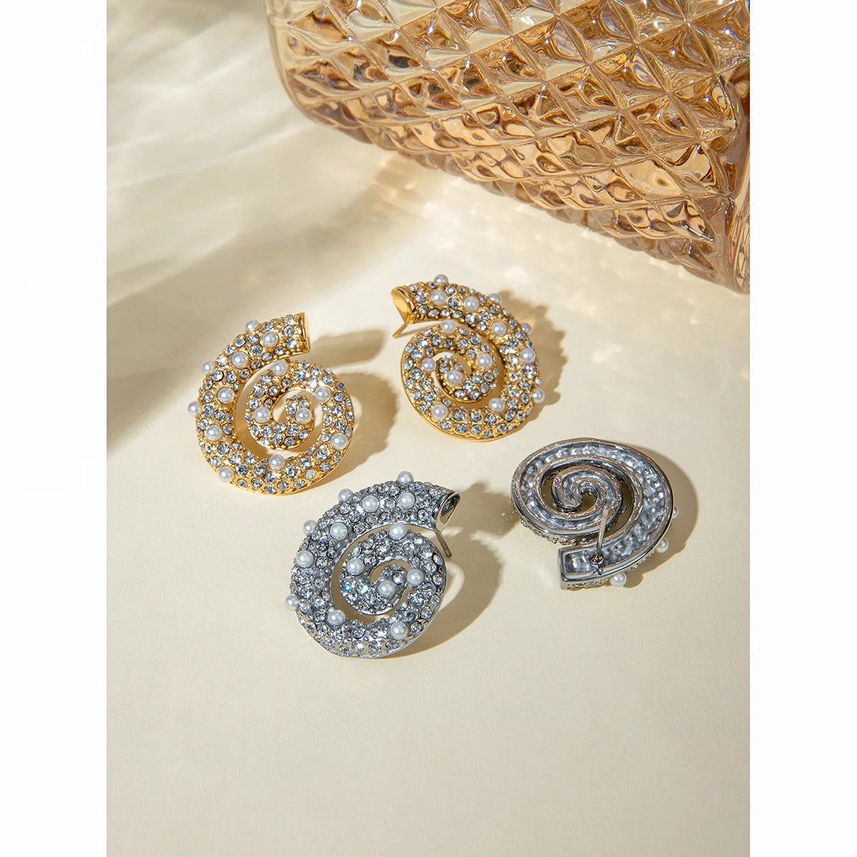 18K Gold Plated Exquisite Imitation Pearls Geometric Stainless Steel Threaded Earrings Inlay Rhinestone Women Charm Jewelry