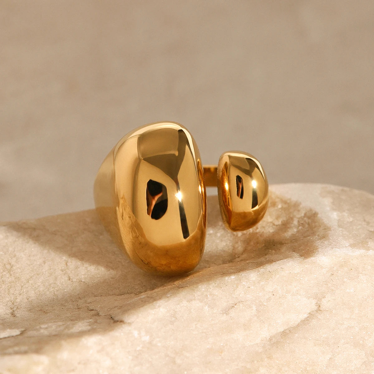 Minimalist 18k Asymmetric Size Double Petal Opening Ring Women Charming Stainless Steel Waterproof Attractive Jewelry