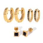 18k Stainless Steel Vintage Black Rhinestones Buckle Earrings 3 Pairs In One Card Women Statement Charm Rust Proof Jewelry