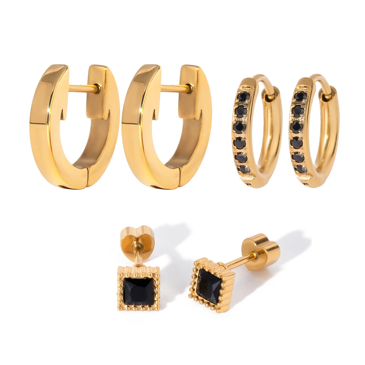 18k Stainless Steel Vintage Black Rhinestones Buckle Earrings 3 Pairs In One Card Women Statement Charm Rust Proof Jewelry