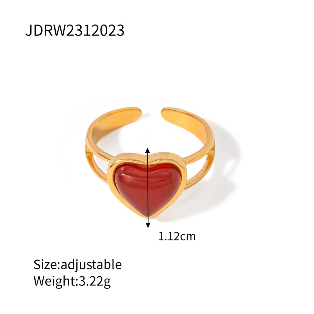 Waterproof 18k Gold Plated Stainless Steel Love Heart Opening Ring Inlay Red Agate Stylish Anti Allergic Distinctive Jewelry