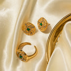 Edelstahl 18K vergoldet Malachit Einlage mit Teufelsauge Form Ring Ohrring Set Damen Finger Ohr anlauffreier Schmuck