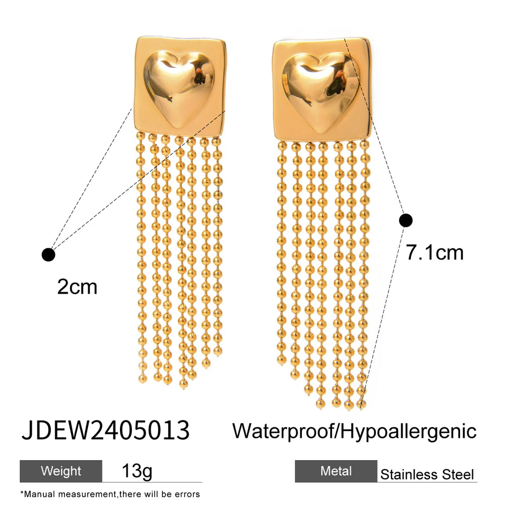 Anti-Allergisch 18K vergoldete glatte quadratische Ohrringe mit Herzanhänger und Quaste aus Edelstahl, zarte und temperamentvolle Schmuckstücke