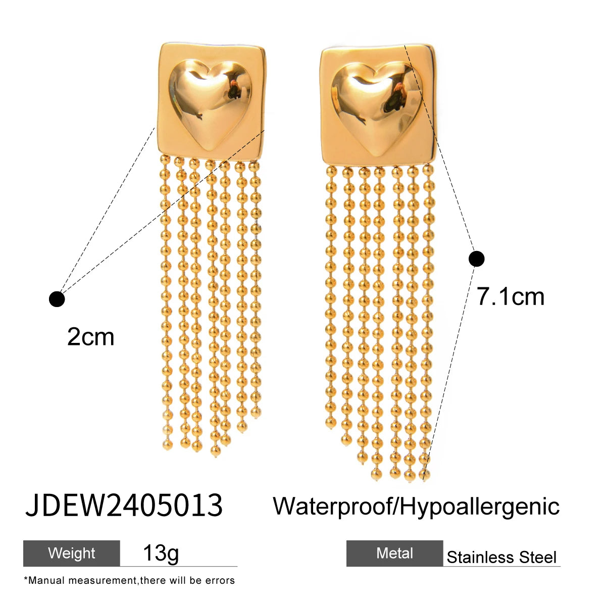 Anti-Allergisch 18K vergoldete glatte quadratische Ohrringe mit Herzanhänger und Quaste aus Edelstahl, zarte und temperamentvolle Schmuckstücke