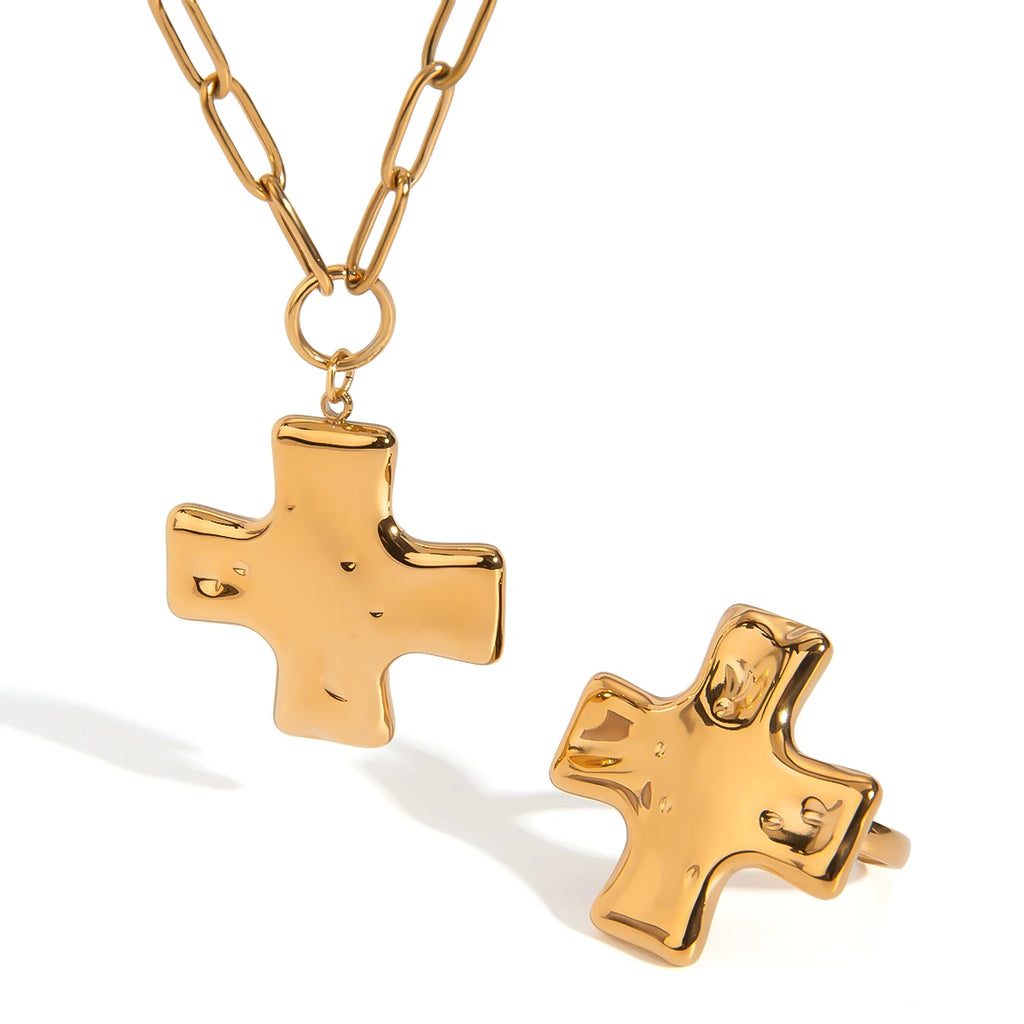 18k vergoldete Hammerschlag-Muster hydraulische Kreuz-Öffnungsring-Halskette aus Edelstahl für Damen, rostfrei, exquisite Schmuckstücke Bijoux