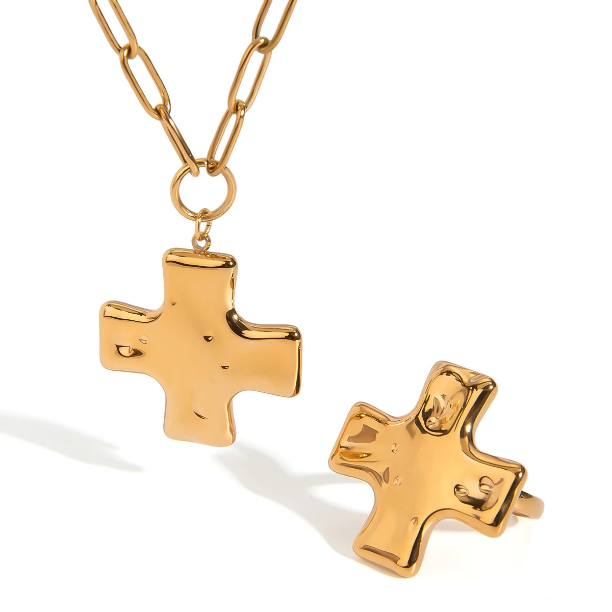 18k vergoldete Hammerschlag-Muster hydraulische Kreuz-Öffnungsring-Halskette aus Edelstahl für Damen, rostfrei, exquisite Schmuckstücke Bijoux