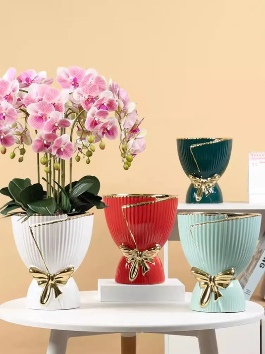 Vase en céramique de nouveau style nordique, pots de bonsaï pour plantes, décoration de la maison, urnes avec bande, personnalité créative, tulipes, grands pots - Achetez des vases colorés au design unique