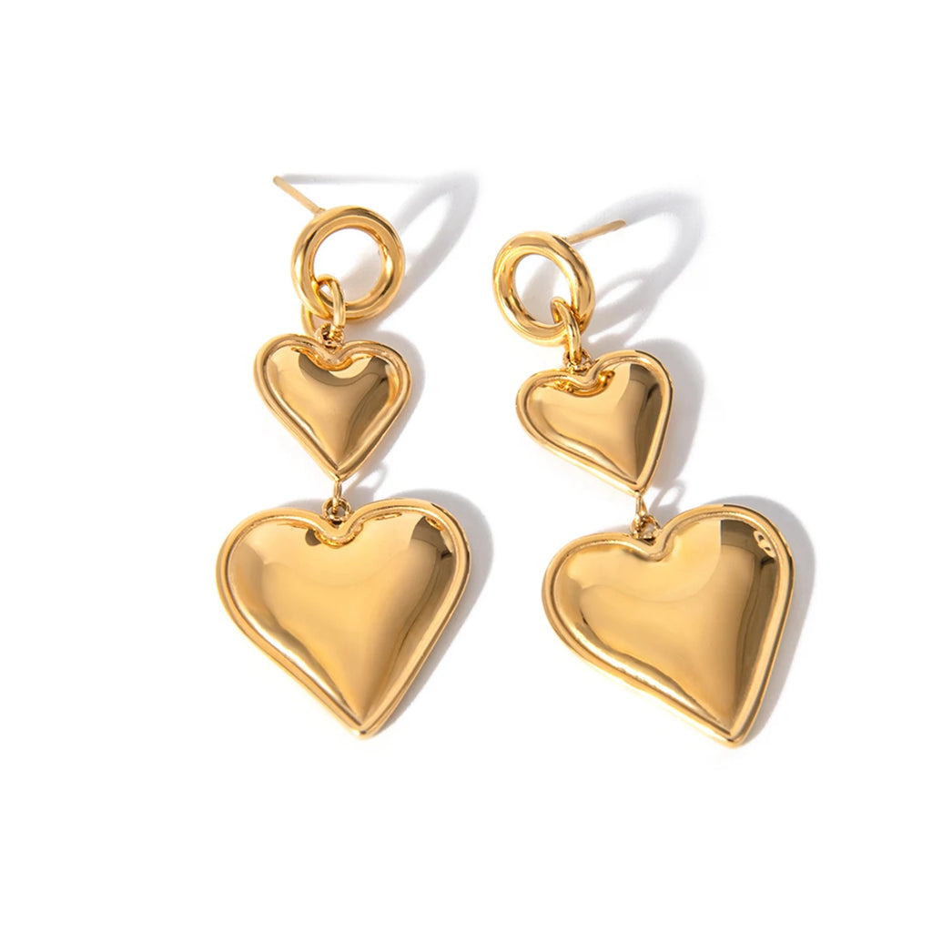 Brincos Pingente de Amor Duplo Coração Banhados a Ouro 18K em Aço Inoxidável, Antioxidante, Joia de Alta Qualidade para Mulheres, Presente