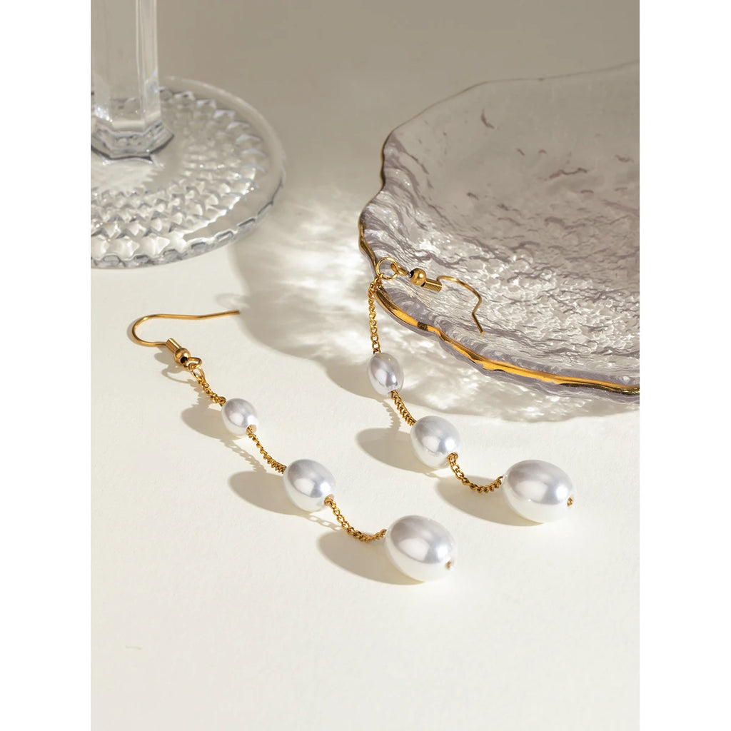 Pendientes colgantes largos con perlas en cadena de acero inoxidable de playa 18K, accesorios para mujeres, joyería de declaración anti alérgica