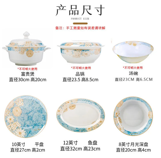 Bols et assiettes de luxe modernes Vaisselle en céramique Jingdezhen, ensemble de bols et d'assiettes à bordure dorée, ménage