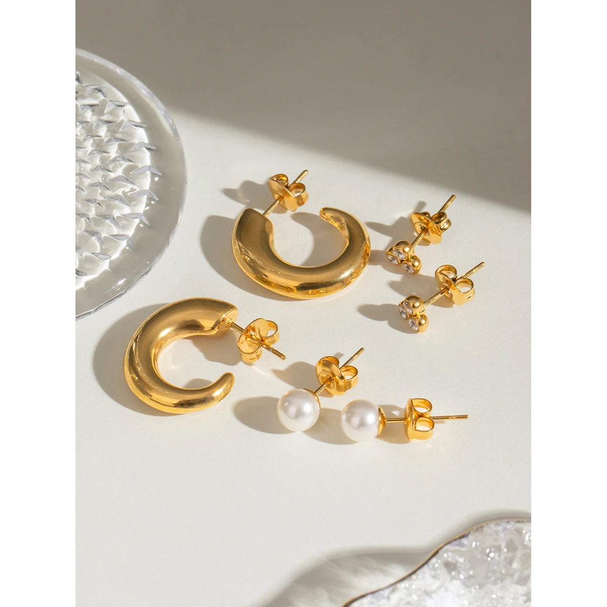 Trendy 18k Stainless Steel Vintage C shape White Zircon Plastic Pearl  Smooth Earrings Women Statement Rust Proof Jewelry