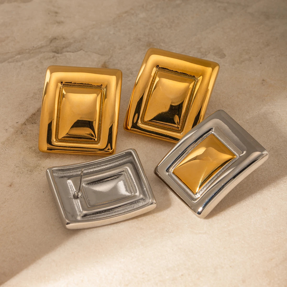 Brincos Retangulares de Aço Inoxidável com Banho de Ouro 18K Minimalistas, Cor Correspondente, Declaração Criativa, Exclusivos e Personalizados