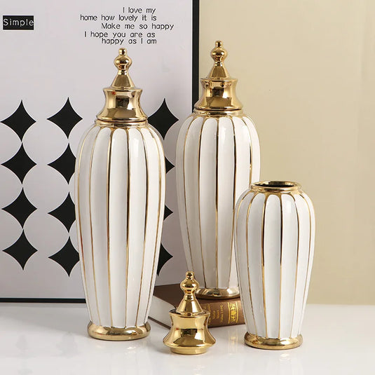 Ceramic Checkmate Jar Flower Vase Geometric Gold Edge Ginger Jar Storage Tank China Pot Porcelain Home Decoration Accessories